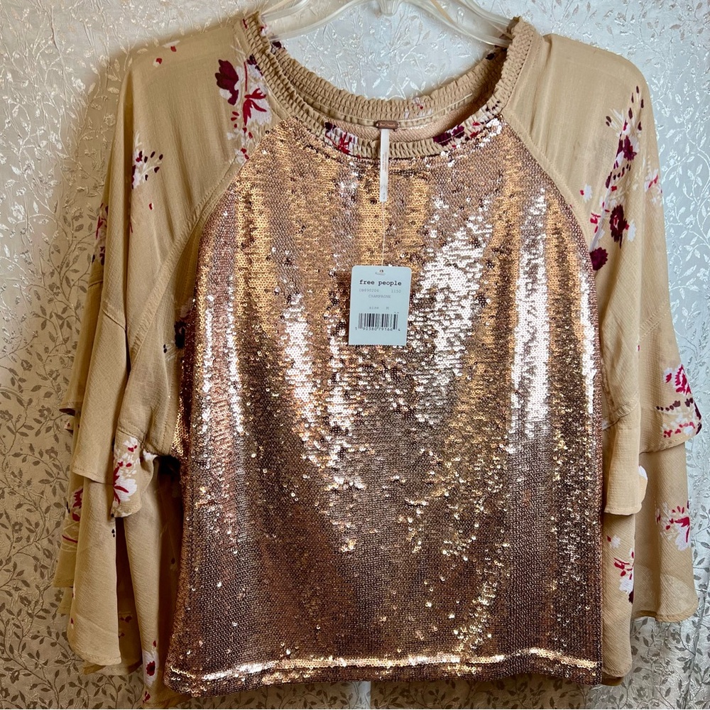 FREE PEOPLE “Shimmy & Shake” Sequined Floral Bell Sleeve Pullover Blouse Top NWT - Picture 2 of 15